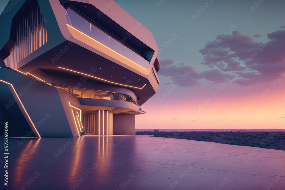 Sunset view of empty balcony floor on corridor of modern building exterior. Peculiar AI generative i