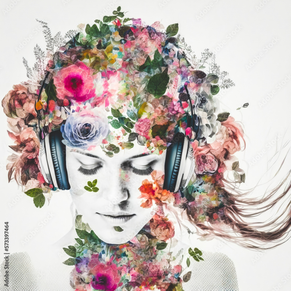 Sedate double exposure portrait of beautiful woman in headphone listen to music immerse with spring 