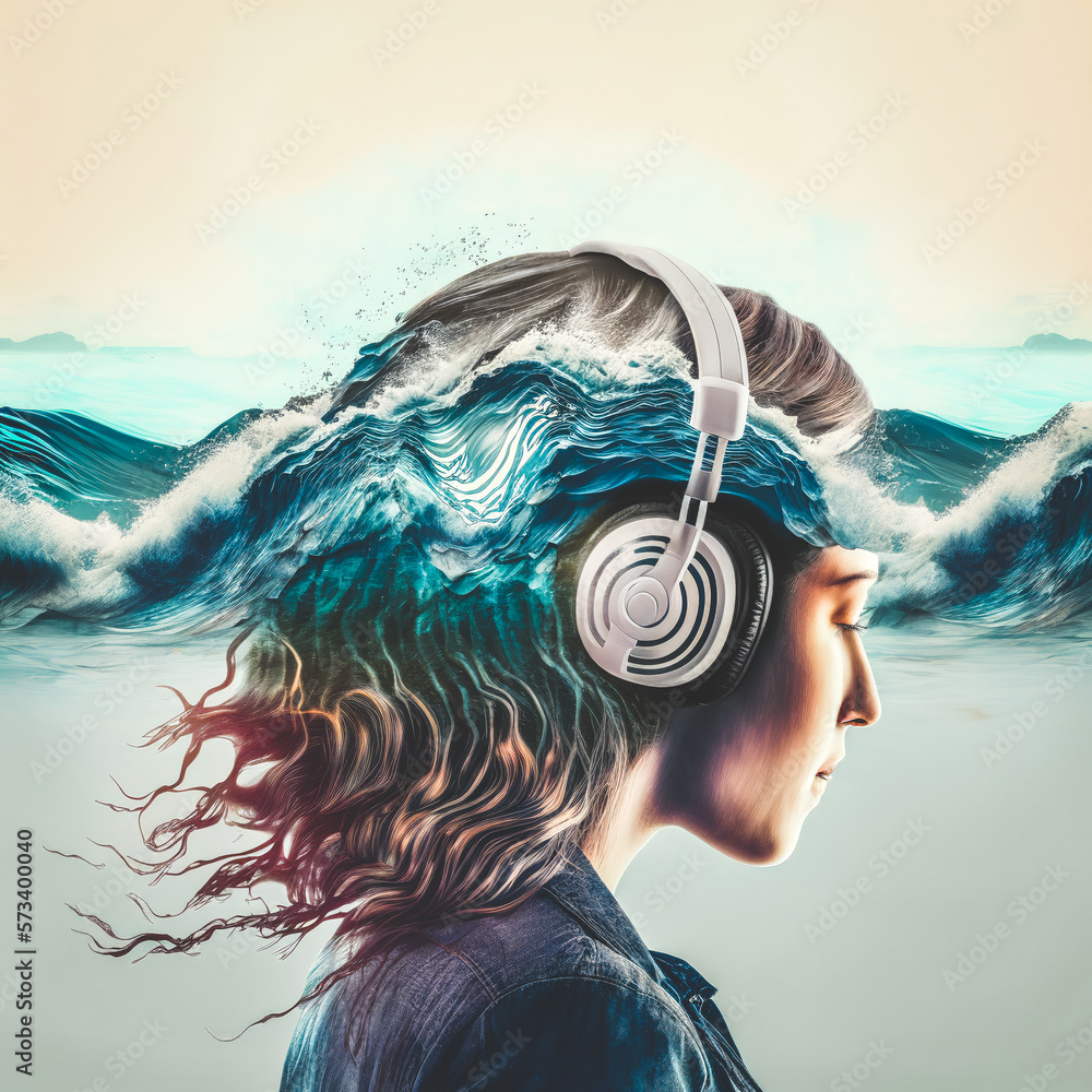 Creative double exposure sedate woman portrait wearing headphone listening to music or sound of blue