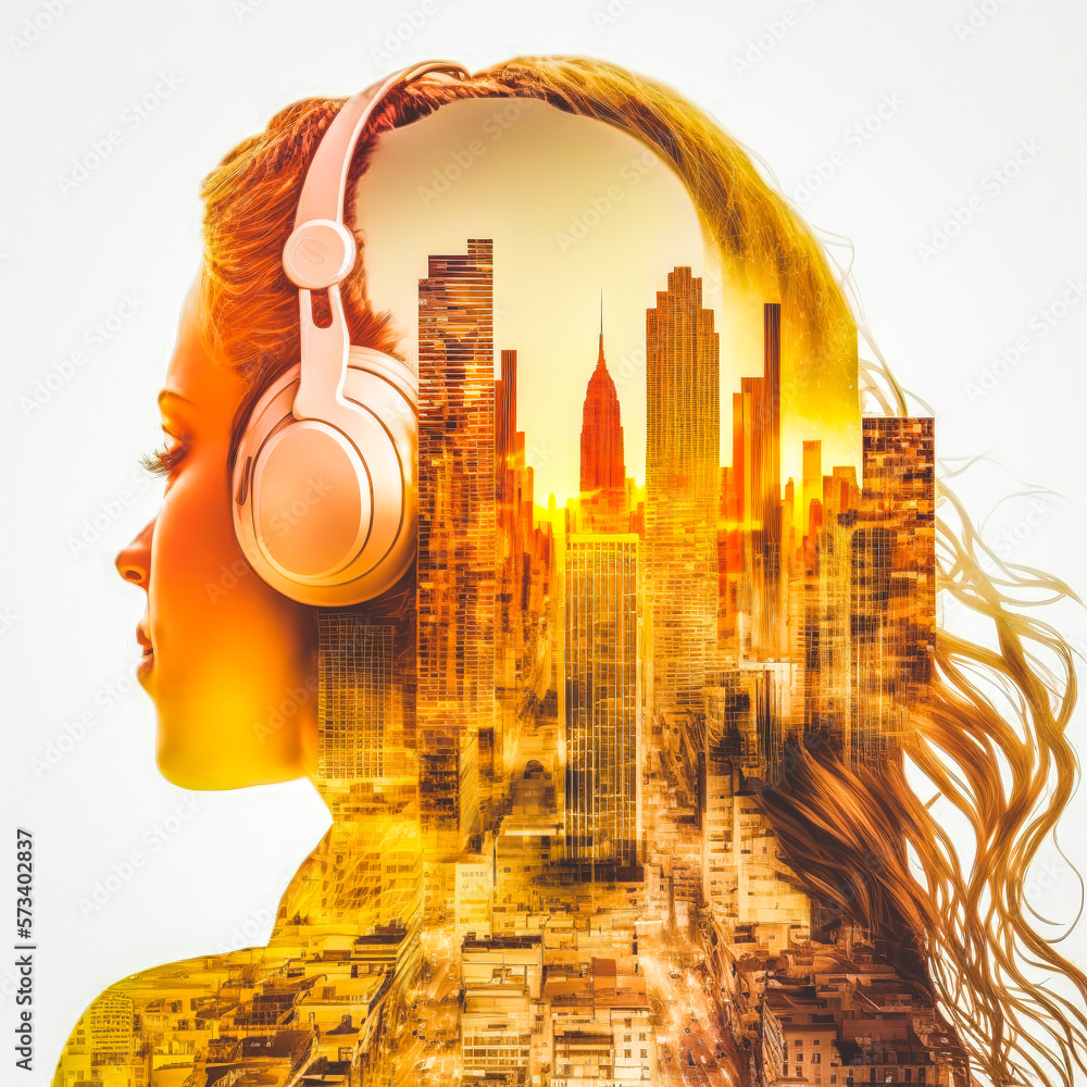 Sedate double exposure profile of happy beautiful girl enjoying music in headphone concept with city