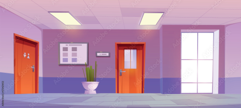 School hallway interior design with wc door vector background. Empty clinic or hospital hall inside 