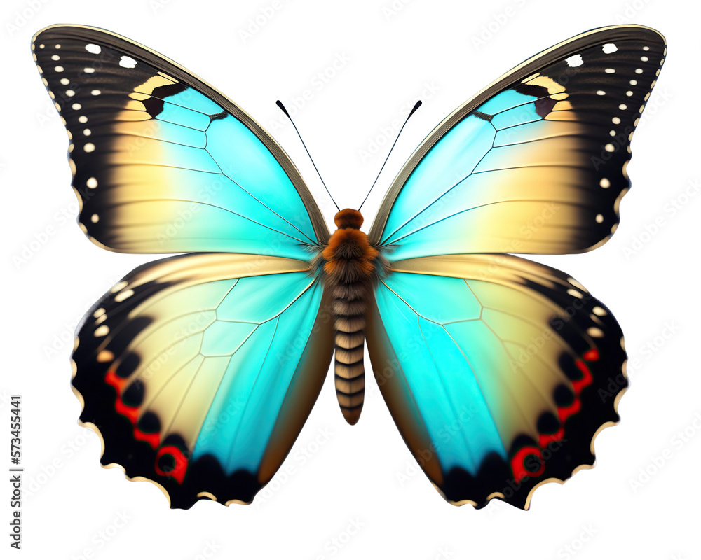 Very beautiful light blue yellow butterfly with spread wings isolated on a transparent background.