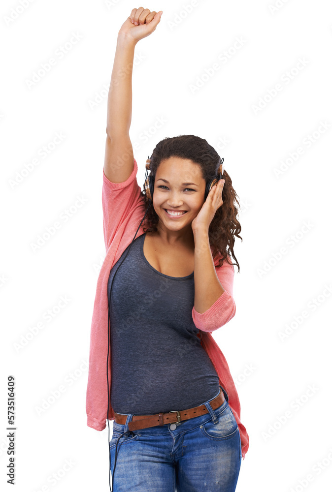 An energetic female in 20s enjoying music with headphones dancing with headset and streaming and lis
