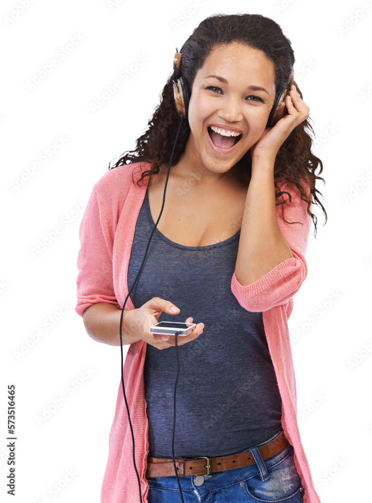 An energetic young millennial female in trendy casuals enjoying her favourite music on her with wood