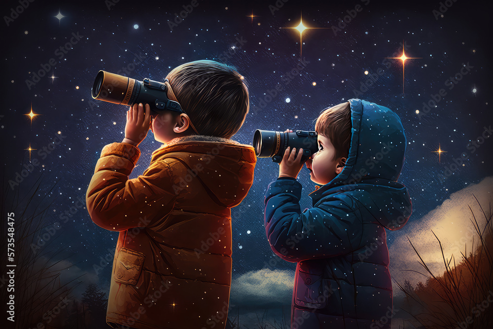 night scene of two boy outdoors, llittle boy looking through a telescope at stars in the sky, digita