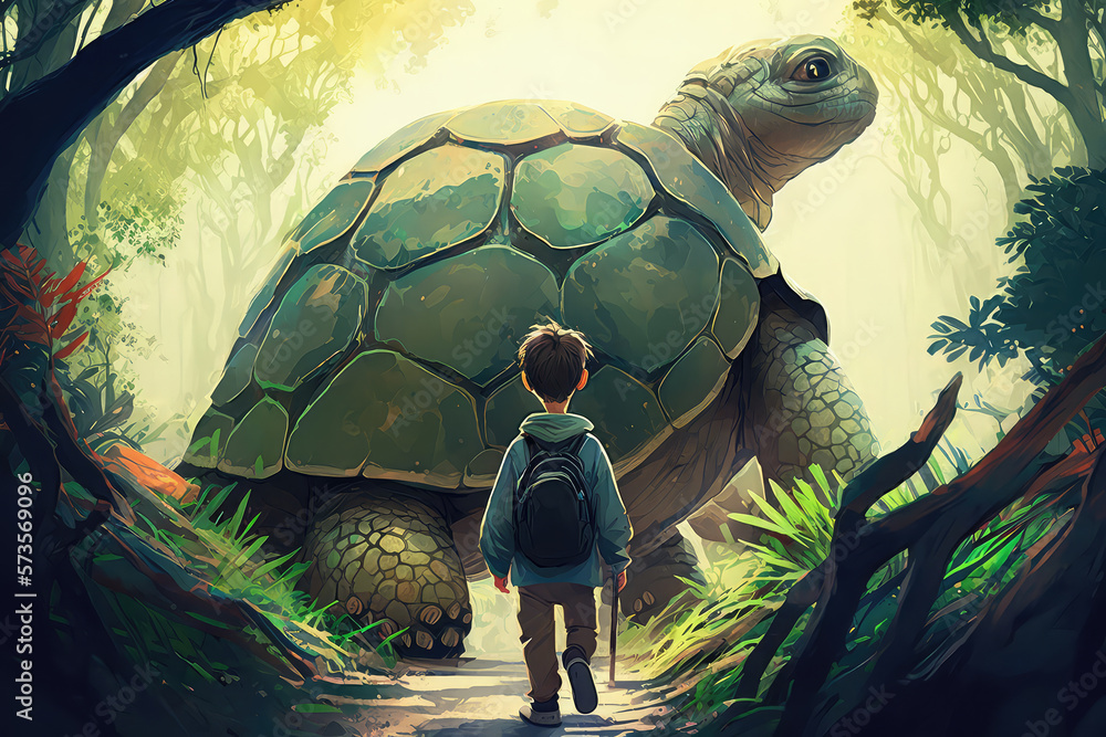 illustration painting of a boy and giant tortoise in the forest, digital painting. (ai generated)