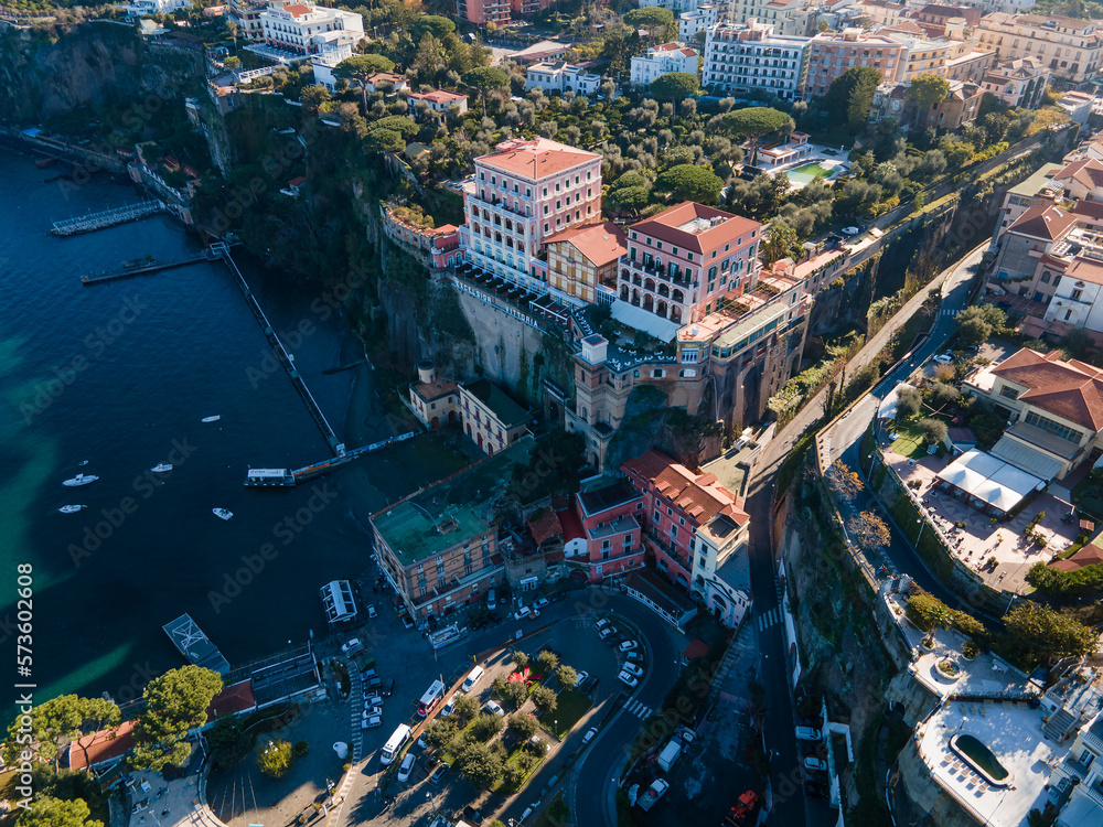 Aerial view of Sorrento, a coastal town in south Italy, facing the Bay of Naples on the Sorrentine P