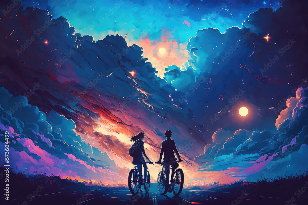 illustration painting of love riding on bicycle against night sky with colorful clouds, digital art 