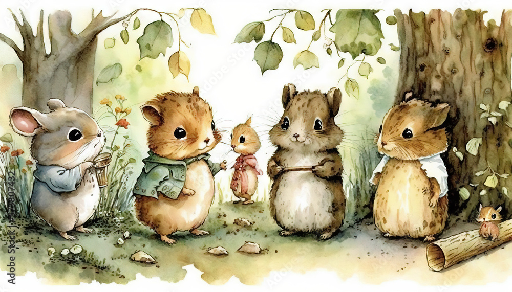  a group of mice standing next to each other near a tree and a stump in the grass with leaves on it 