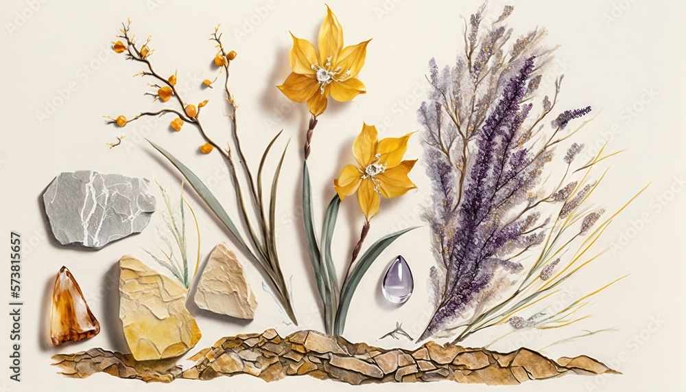  a group of flowers and rocks on a white background with a white wall in the background and a white 