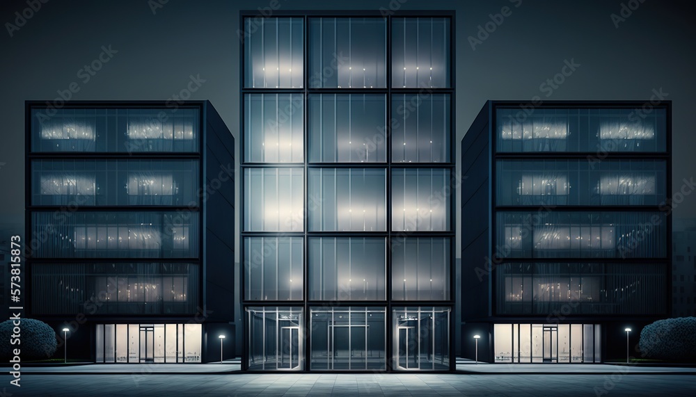  a tall building with lots of windows and lights on its sides at night time with a full moon in the