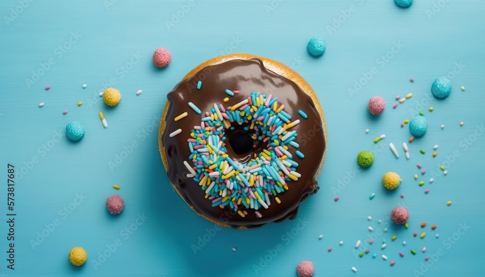  a chocolate donut with sprinkles on a blue surface surrounded by colorful candies and sprinkles on 