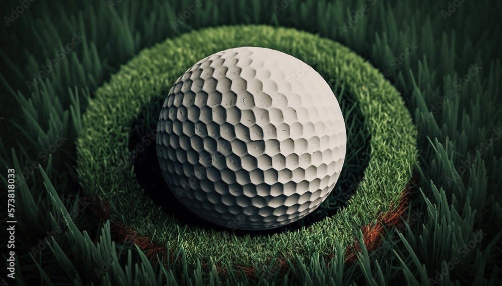  a white golf ball sitting on top of a lush green grass covered field with a hole in the middle of t