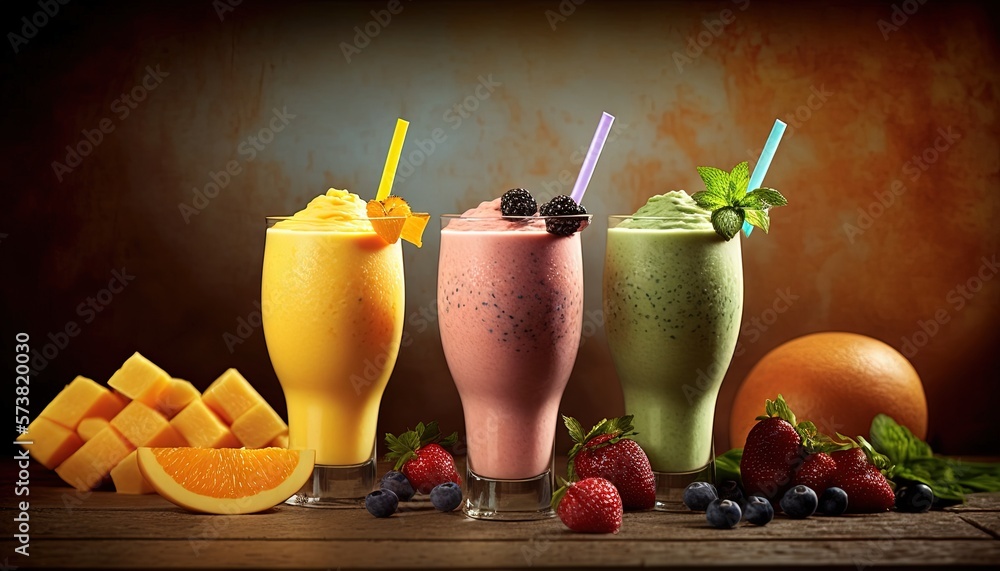  a variety of smoothies and fruit on a wooden table with a brown background and a brown wall in the 
