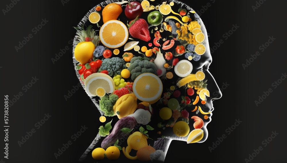  a persons head made up of fruits and vegetables in the shape of a humans head, with a black backg