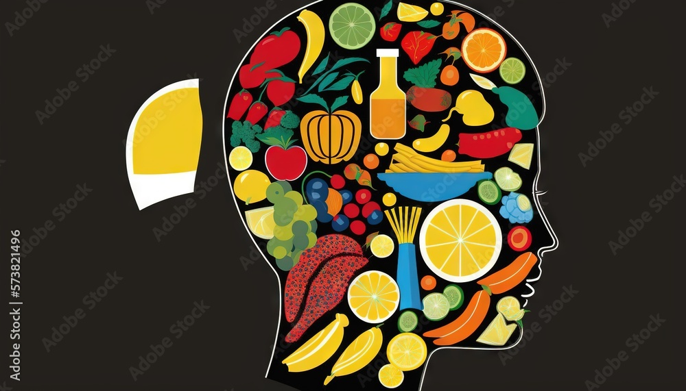  a persons head with a variety of fruits and vegetables in the shape of a humans head and a half o