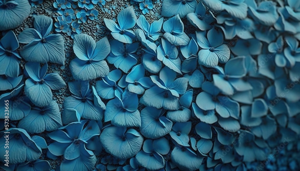  a close up view of a blue flowered fabric with many petals on the back of it, with a black backgrou