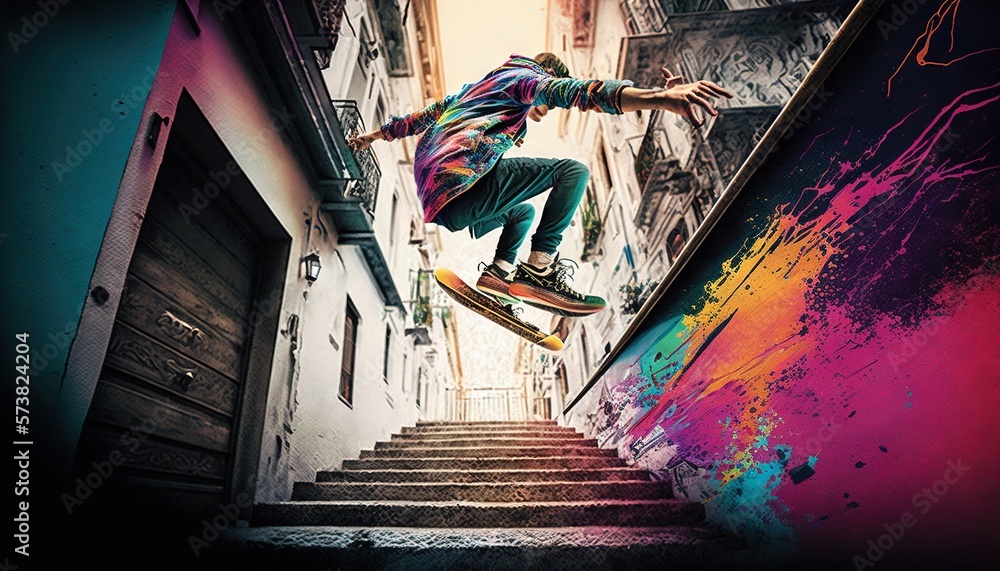  a man flying through the air while riding a skateboard down a flight of stairs in front of a graffi