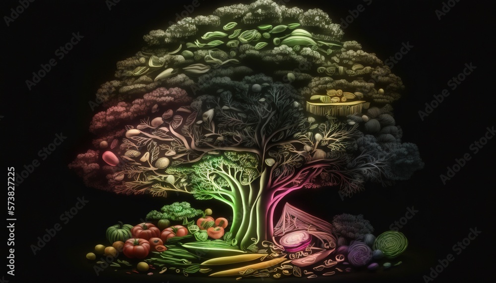  a picture of a tree with a lot of different fruits and vegetables in it and a black background with