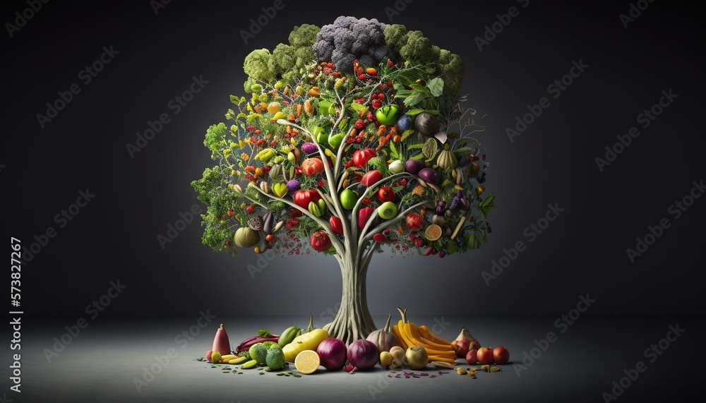  a tree with many fruits and vegetables growing out of its trunk and roots, with a dark background 