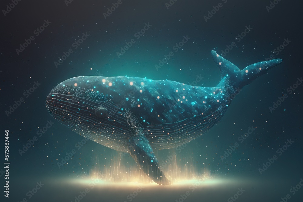 A whale is floating in the water with bubbles and stars around its head ultra realistic digital art