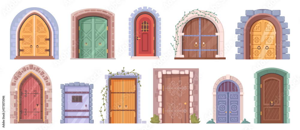 Ancient doors of castle or historical buildings. Isolated architecture and exterior elements. Doors 