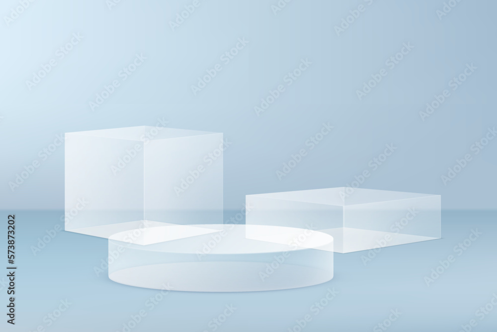 Glass podium or platform for product advertisement or presentation. Transparent box and circular sha