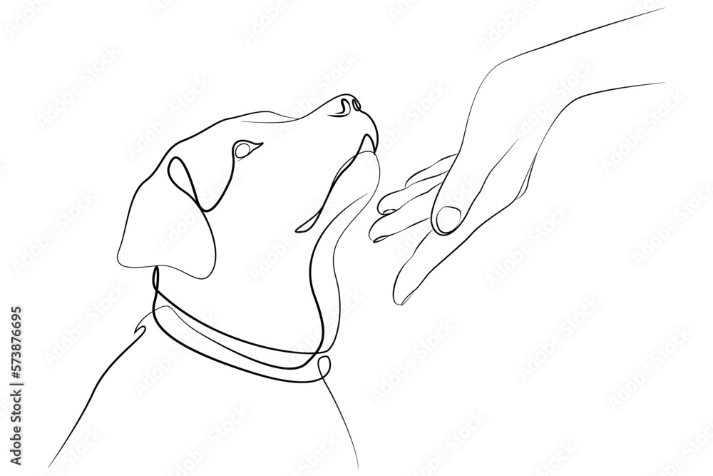 Linear drawing of a labrador and a female hand. Dog vector illustration. Vector illustration of huma