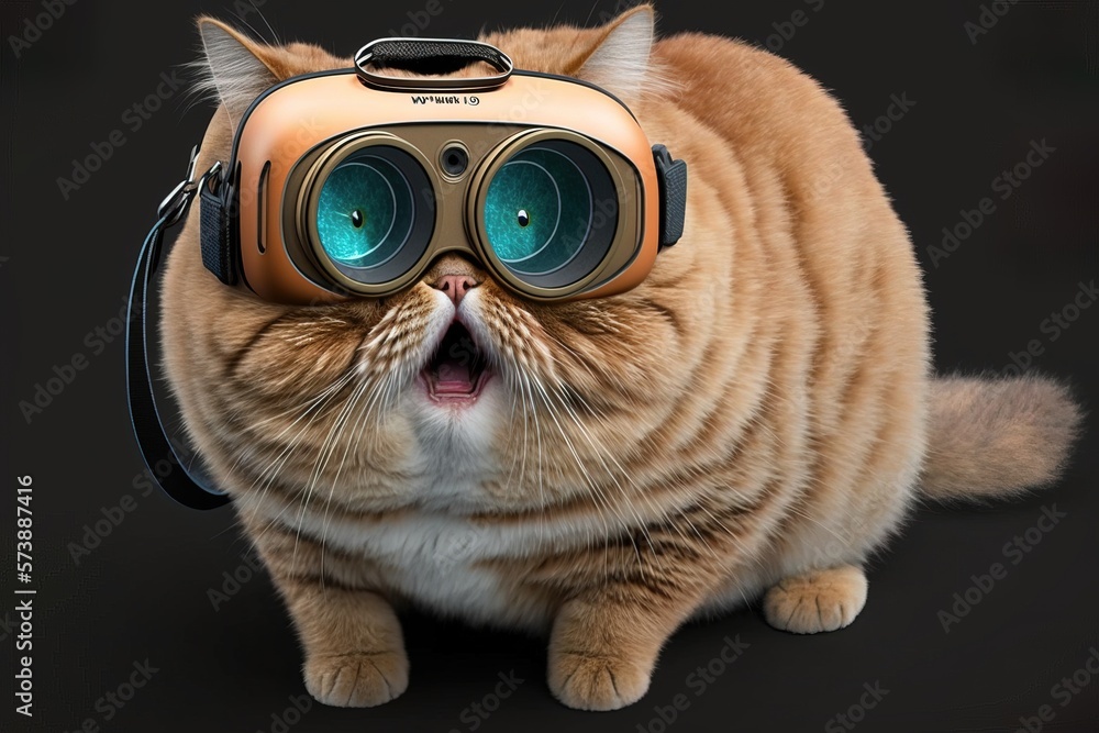 A cat wearing a pair of virtual glasses on its head and looking surprised at the camera 8k resolutio