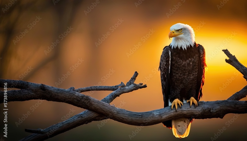  a bald eagle sitting on a tree branch at sunset with the sun in the background and a tree branch in