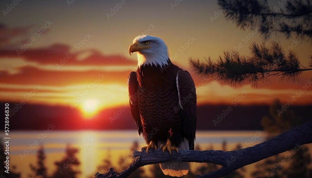  a bald eagle perched on a tree branch at sunset with the sun in the background and a body of water 