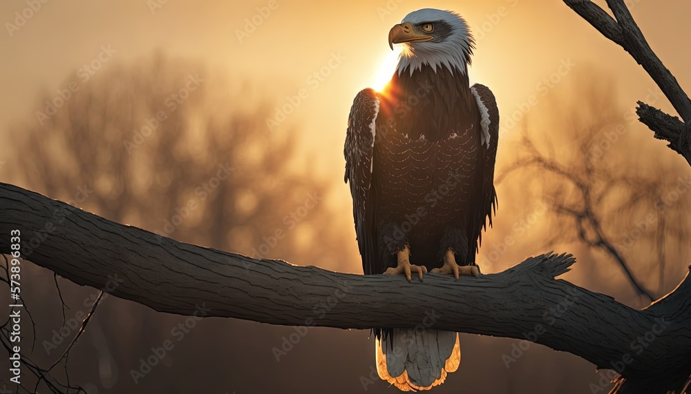  a bald eagle perched on a tree branch at sunset with the sun shining through the trees in the backg