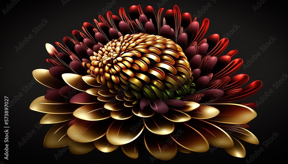  a large flower with many petals on a black background with a reflection of the petals on the surfac