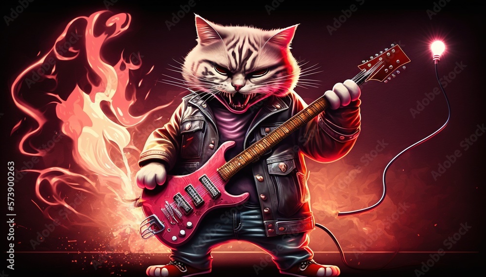  a cat wearing a leather jacket and holding a red electric guitar in its right hand and a red flame 