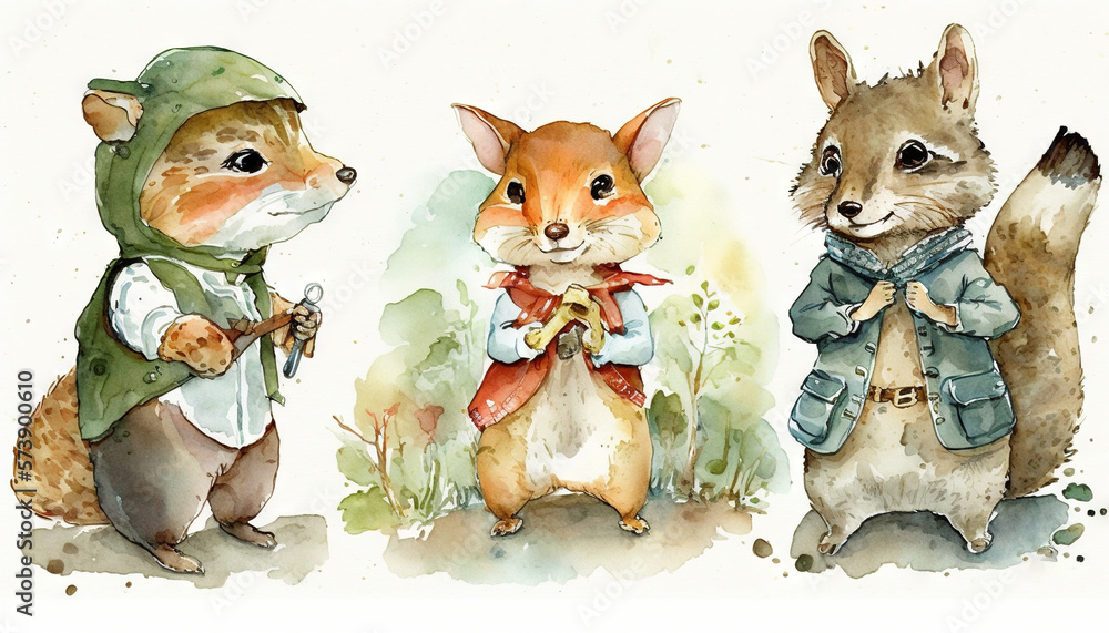  three watercolor paintings of a fox, a fox, and a fox with a hoodie and a squirrel holding a banana