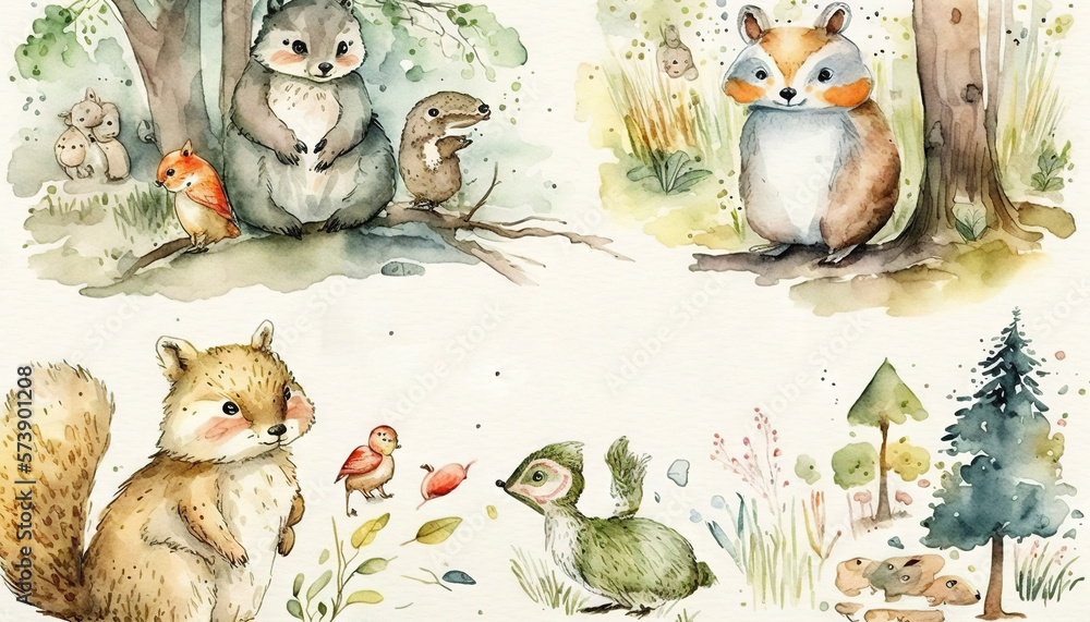  a watercolor painting of a forest scene with a fox, a squirrel, and other animals in different pose