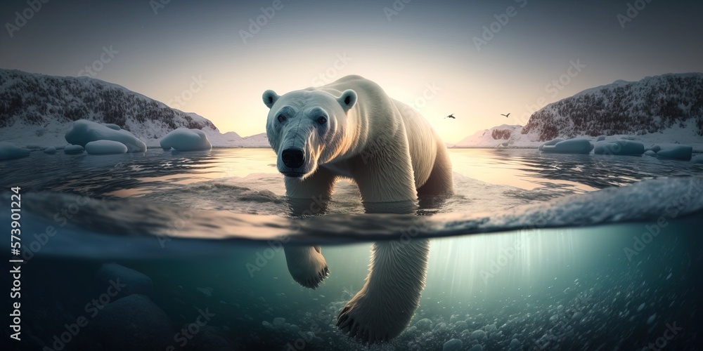 A polar bear swimming in the water near some icebergs and rocks at sunset wildlife photography a pho
