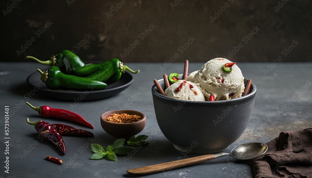  a bowl filled with ice cream next to a bowl of chili peppers and a bowl of chili peppers on a table