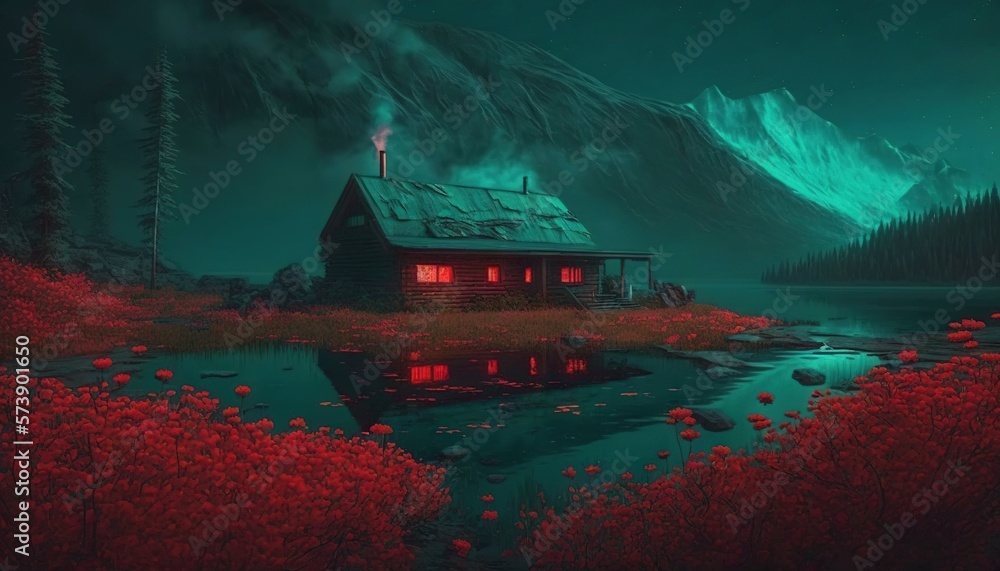  a painting of a cabin by a lake with red flowers in the foreground and a mountain in the background