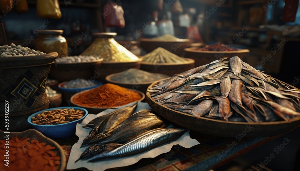  a variety of dried fish are on display in a market area with other items in bowls and bowls on the 