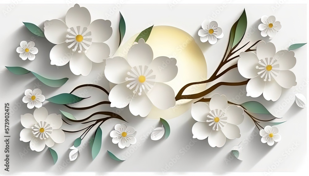  a paper art of flowers and a bird on a branch with leaves and a half moon in the background with a 