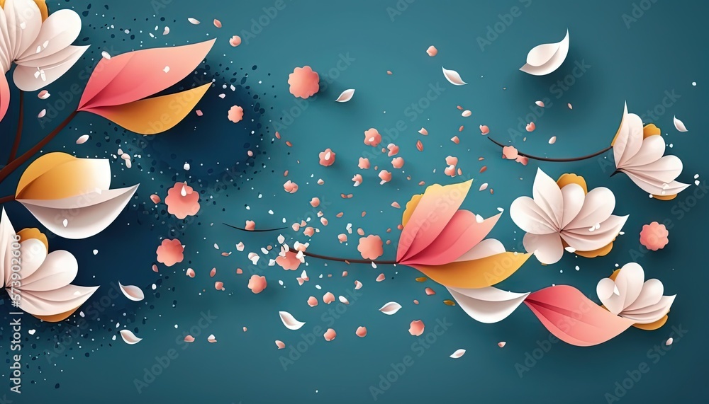 a blue background with pink and yellow flowers and petals on the petals are falling off of the leav
