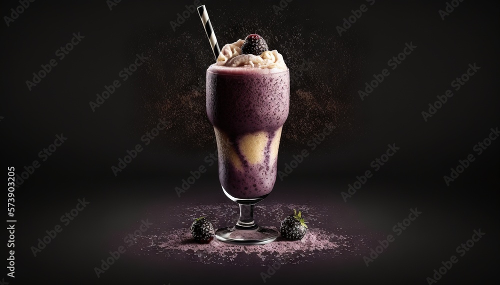  a glass of ice cream with a straw and some berries on the side of it and a straw in the middle of t