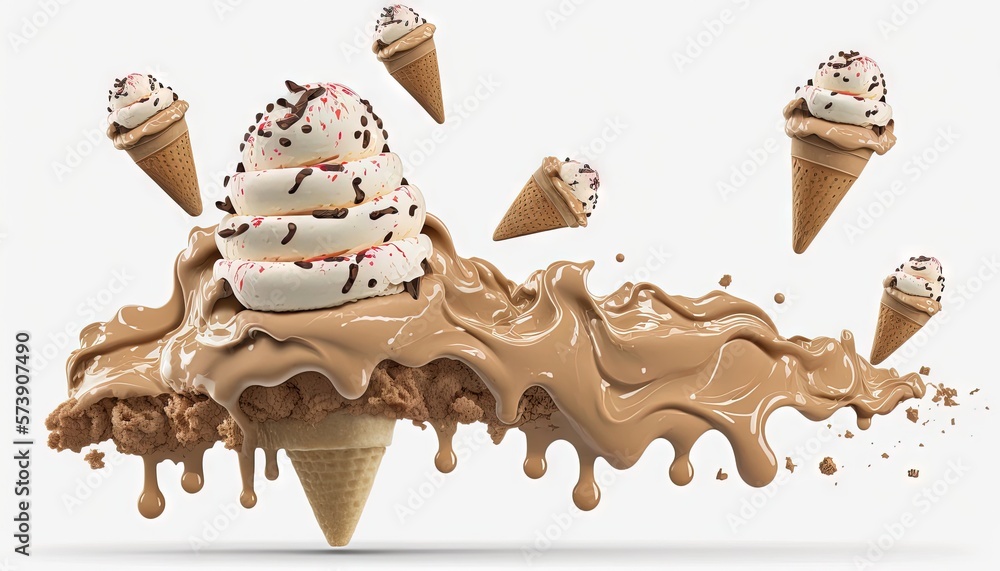  a chocolate ice cream sundae with chocolate sauce and ice cream on top of it, with ice cream fallin