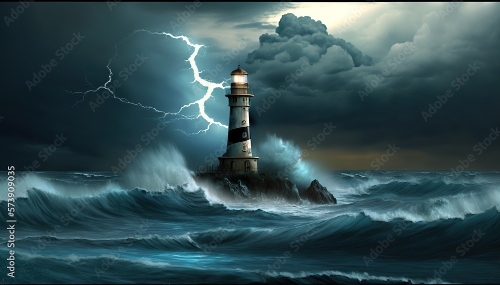  a lighthouse in the middle of the ocean with a lightning bolt in the sky above it and a dark cloud 