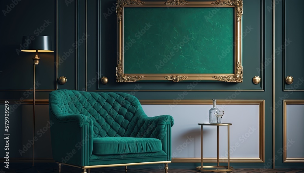 a green chair in a room with a gold framed picture on the wall and a lamp next to it on a table in 