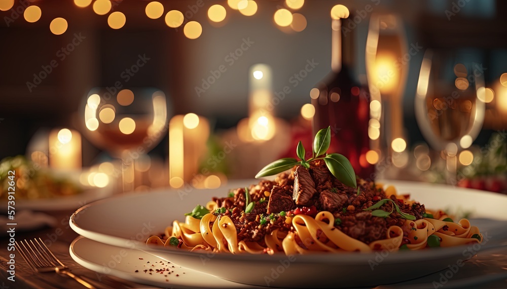  a plate of pasta with meat and vegetables on a table with candles and wine bottles in the backgroun