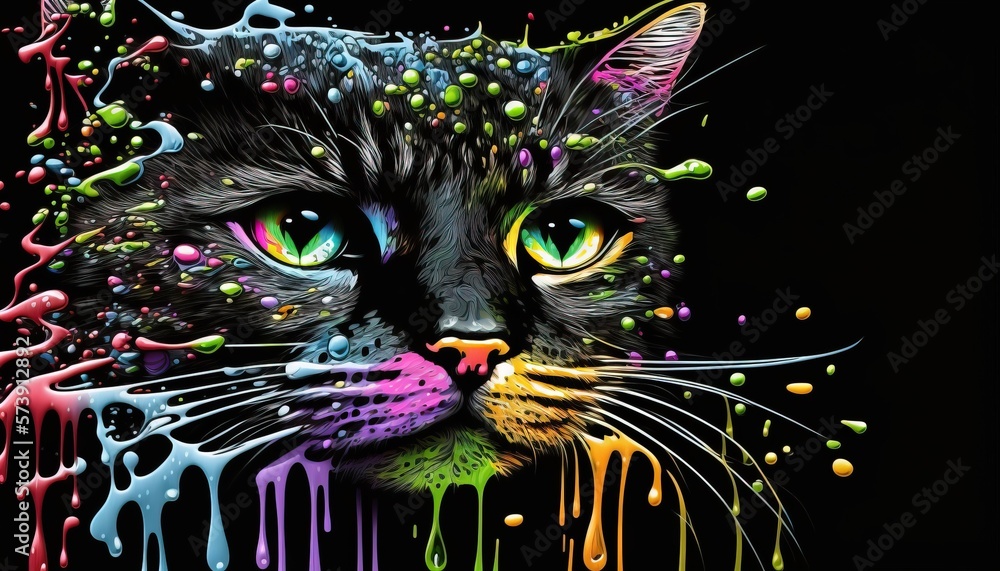  a black cat with green eyes and multicolored paint splattered on its face and face, with a black b