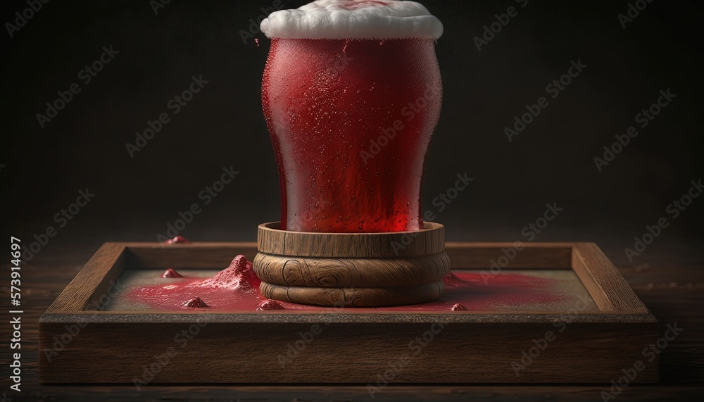  a glass of beer with a foamy substance on top of a wooden tray on a wooden table with a black backg
