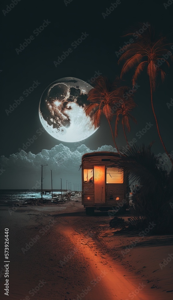  a bus parked on the beach at night with a full moon in the background.  generative ai